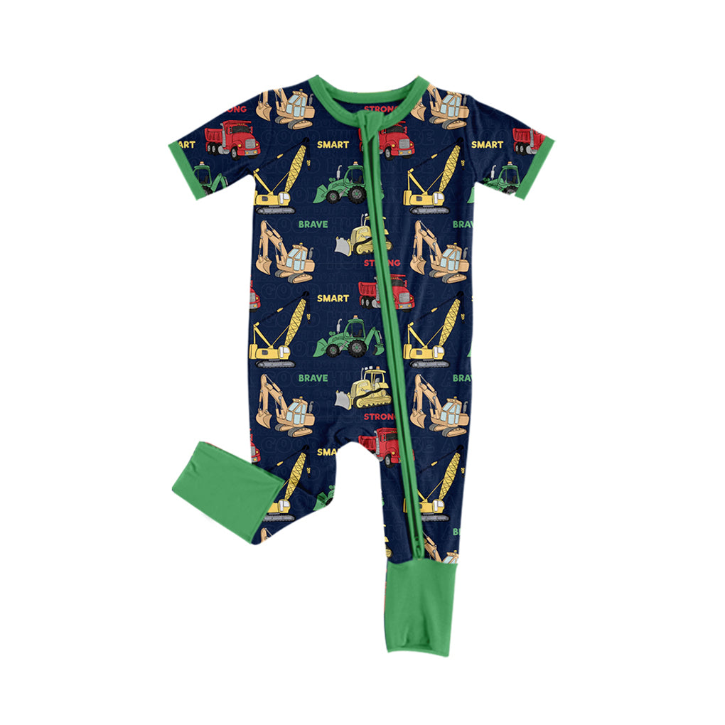(Custom Design Preorder MOQ 20) Construction Trucks Green Print Baby Boys Bamboo Sleeper Zipper Romper