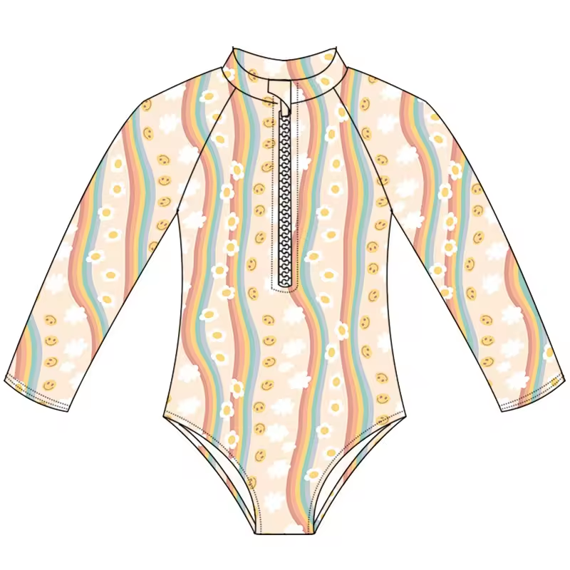 (Custom Design Preorder MOQ 5) Flowers Rainbow Print Girls 1 Piece Long Sleeve Zipper Swimsuits