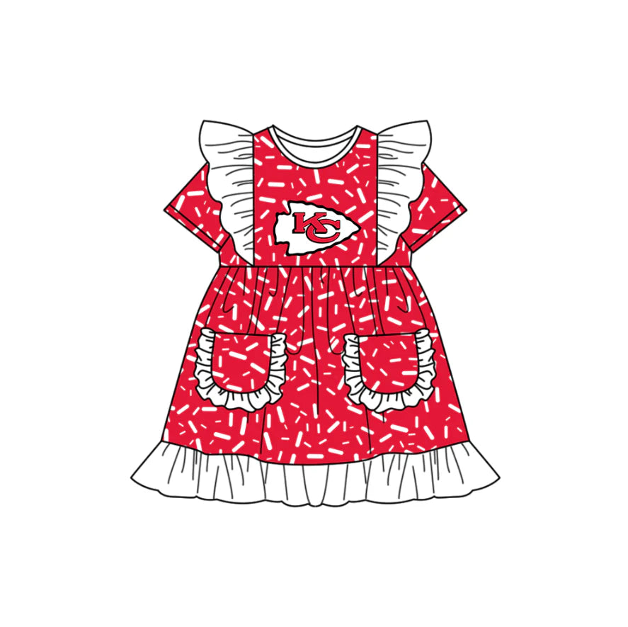 (Custom Design Preorder MOQ 5) Team's Chiefs Sprinkles Print Pockets Girls Summer Knee Length Dress