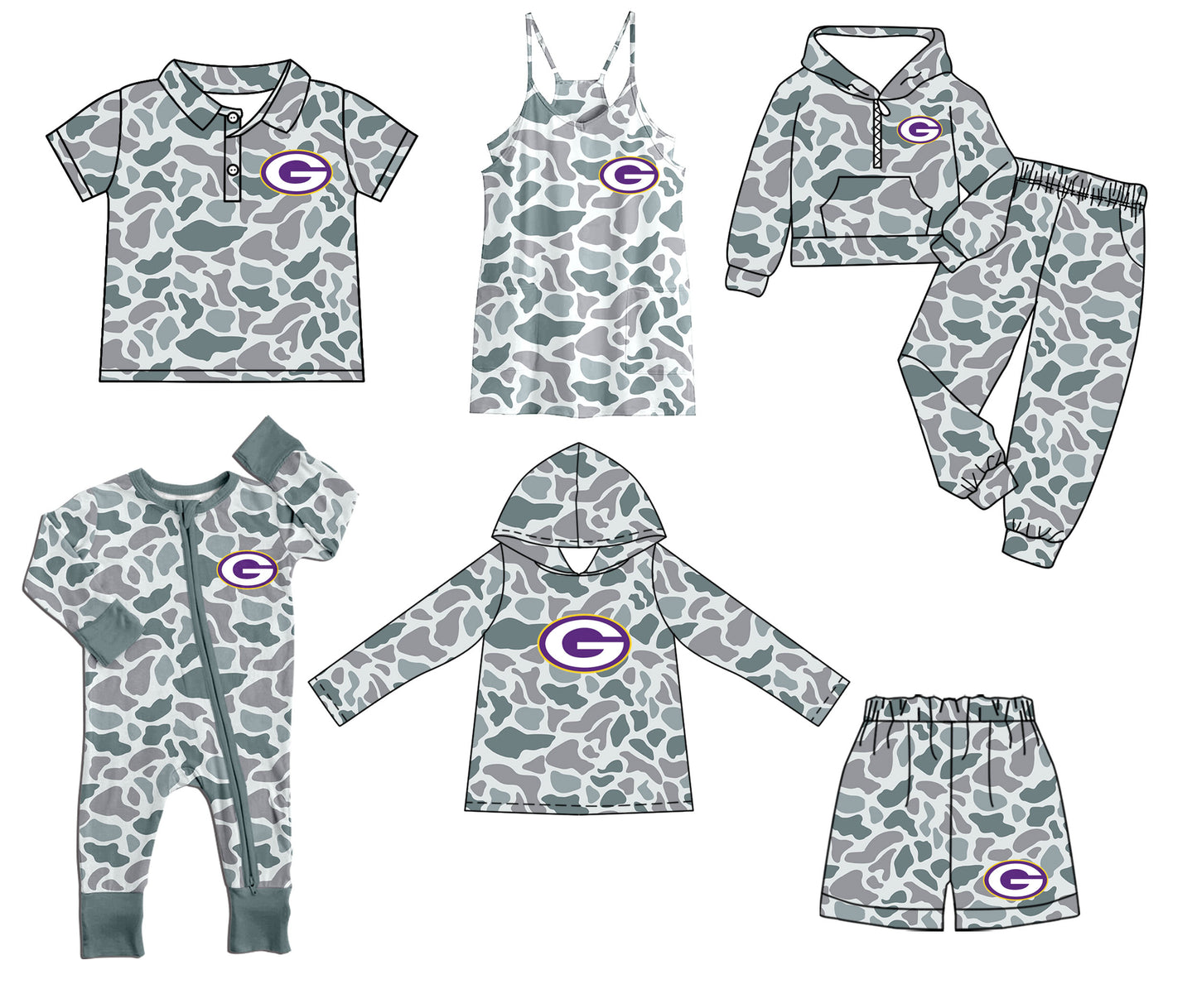 (Custom Design Preorder MOQ 5 Each Item)Team's Gurdon Camo Print Sibling Matching Clothes
