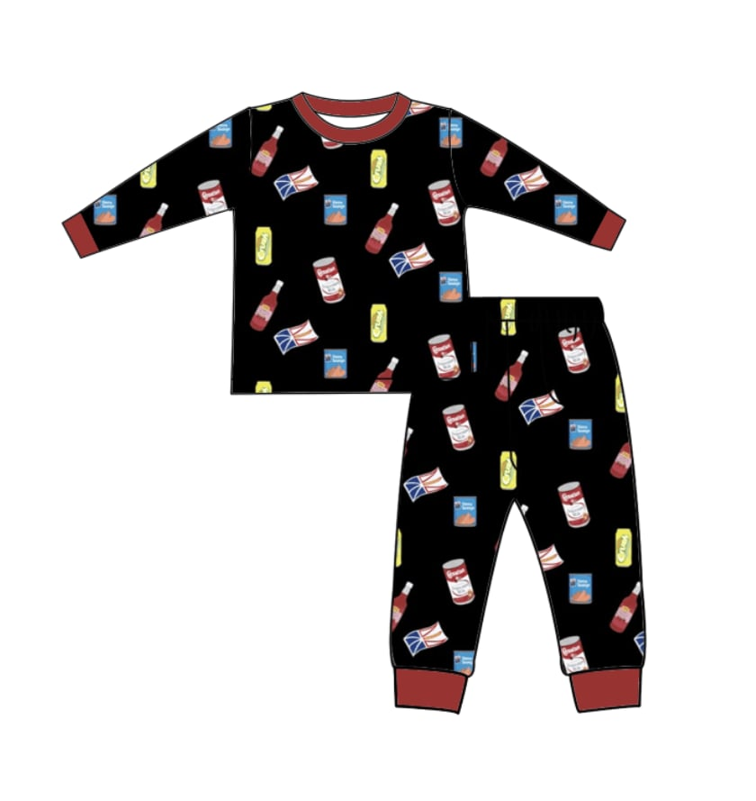 (Custom Design Preorder MOQ 5) Drinks Black Print Kids Pajamas Clothes Set