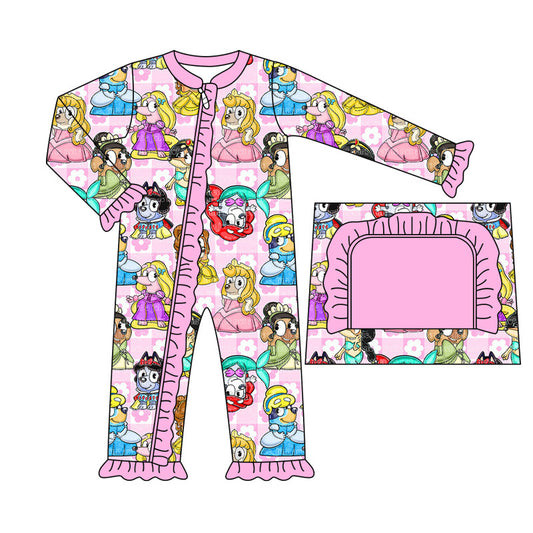 (Custom Design Preorder MOQ 20)  Cartoon Dog Princess Print Baby Girls Bamboo Sleeper Zipper Romper