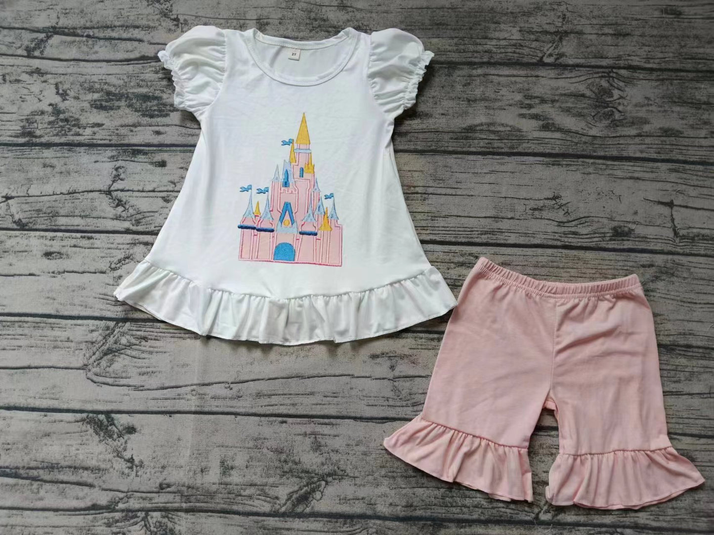 (Custom Design Preorder MOQ 5) Castle Top Ruffle Shorts Girls Summer Clothes Set