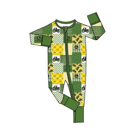 (Custom Design Preorder MOQ 20)  Green Tractors Print Baby Boys Bamboo Sleeper Zipper Romper