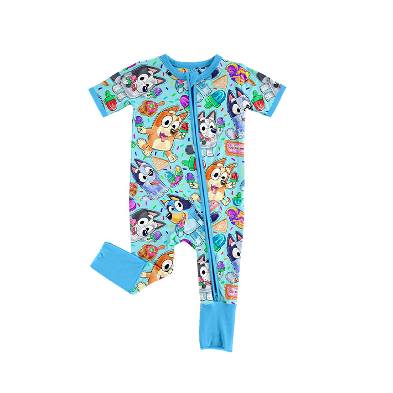 (Custom Design Preorder MOQ 5) Blue Cartoon Dog Print Baby Kids Zipper Romper