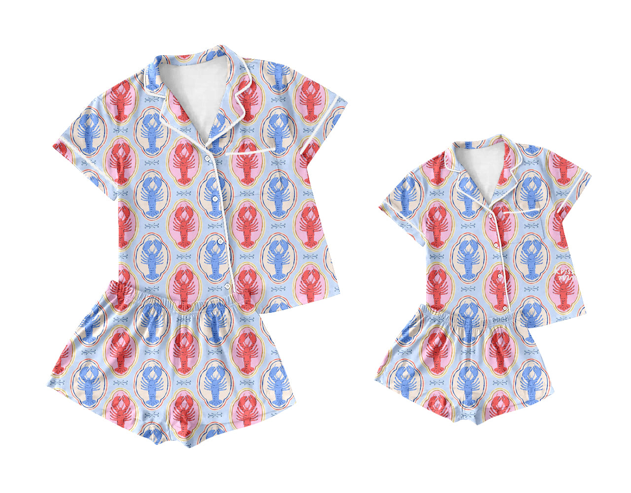 11.22(Custom Design Preorder MOQ 5) Adult Crayfish Blue Red Print Woman Buttons Summer Pajamas Clothes Set