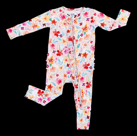 (Custom Design Preorder MOQ 20) Flowers Print Baby Girls Spring Bamboo Sleeper Zipper Romper