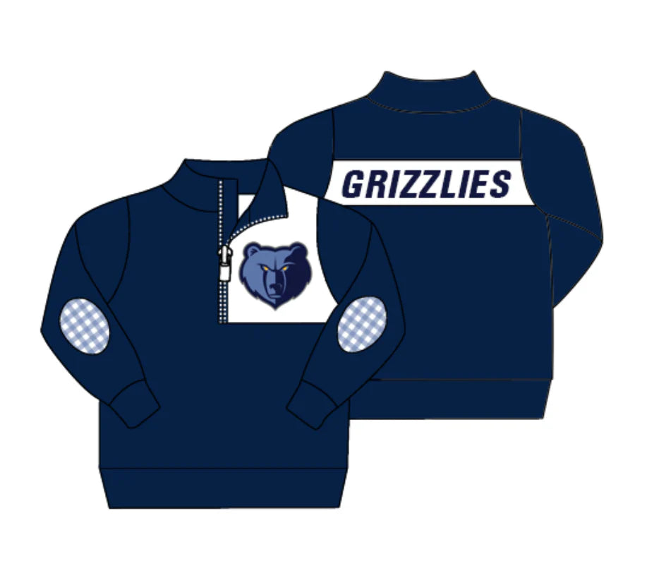 (Custom Design Preorder MOQ 5 Each Design) Team's Grizzlies Navy Print Pullover Zipper Top Daddy and Me Matching Clothes