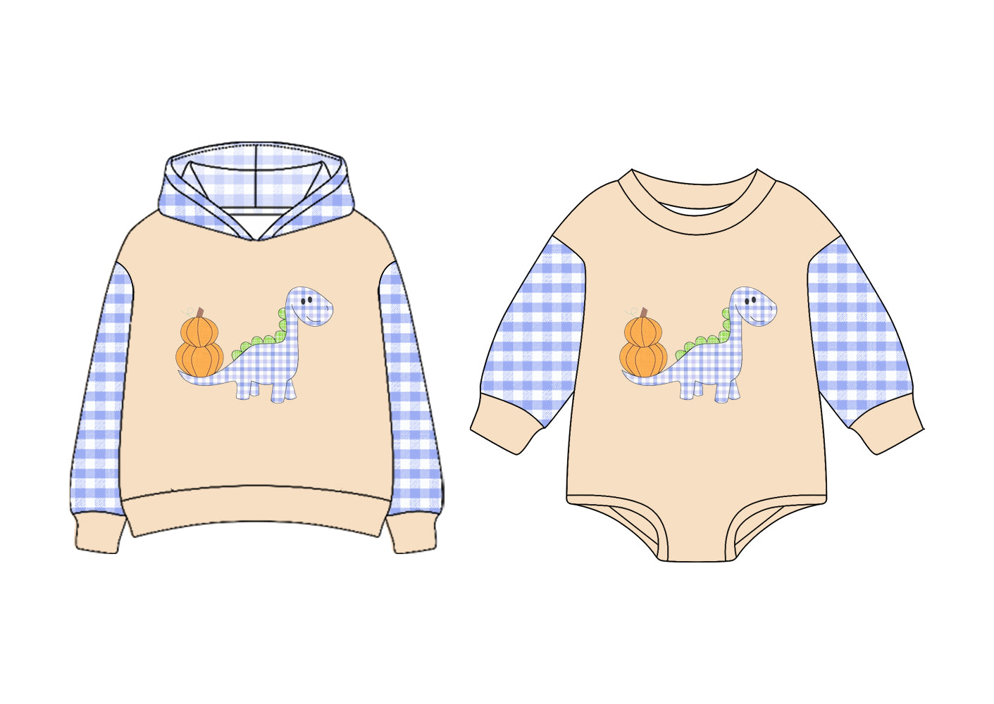 7.1(Custom Design Preorder MOQ 5 Each Design) Dino Pumpkin Plaid Print Boys Fall Matching Clothes Brothers Wear