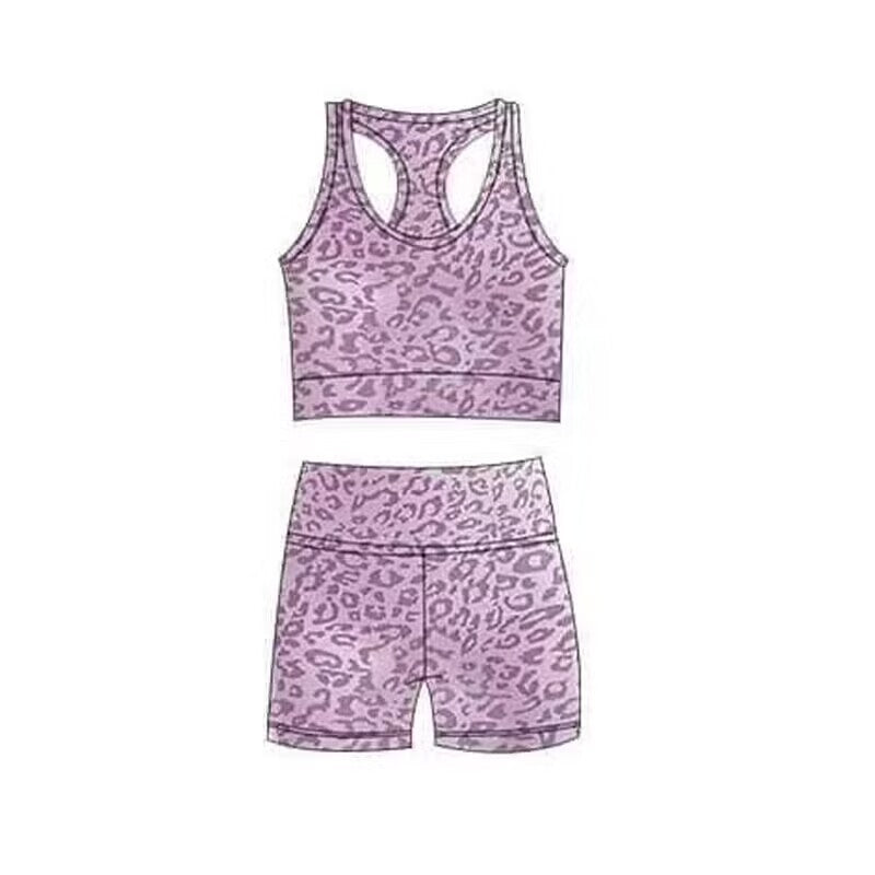 (Custom Design Preorder MOQ 5) Purple Leopard Print Girls Summer Clothes Set