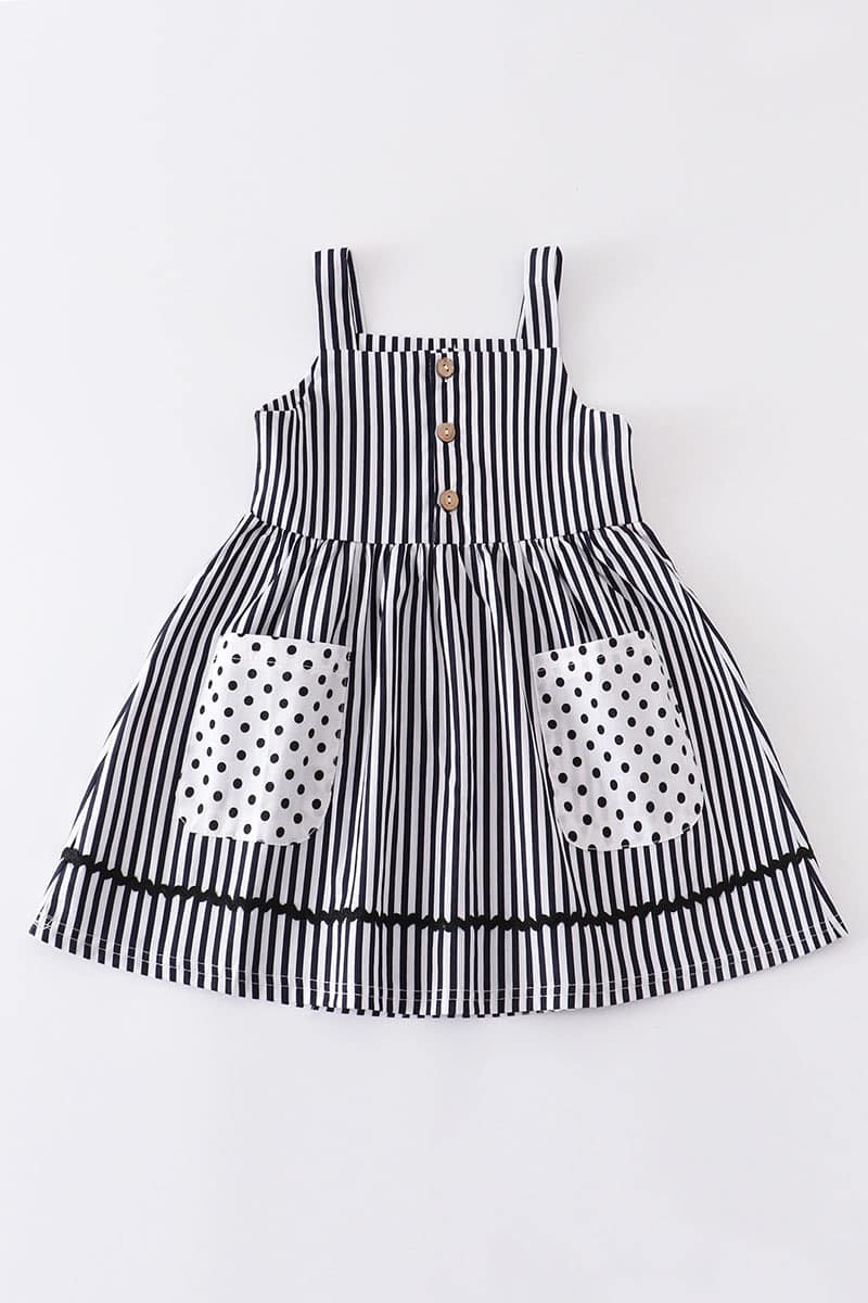 (Custom Design Preorder MOQ 5) Black Stripes Print Girls Knee Length Summer Dress