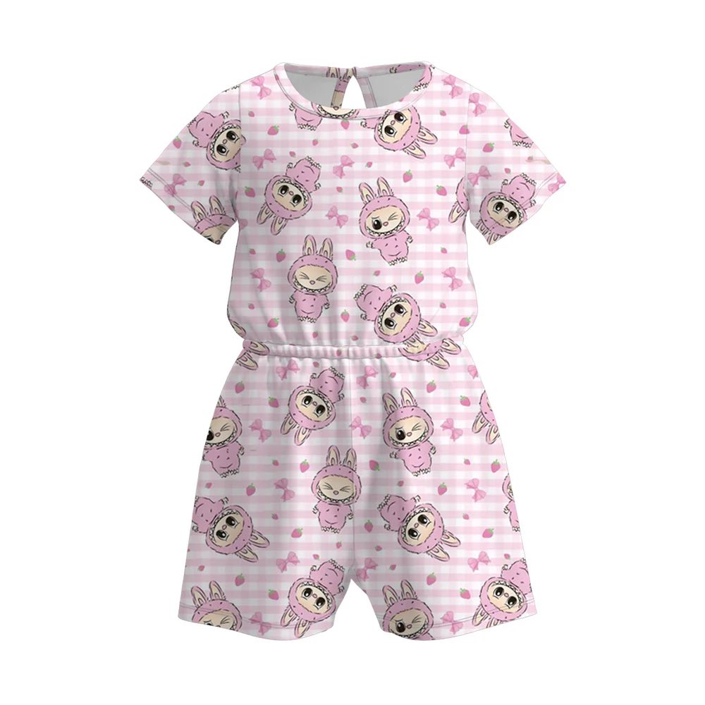 (Custom Design Preorder MOQ 5) Cartoon LABU* Strawberry Print Girls Summer Jumpsuits