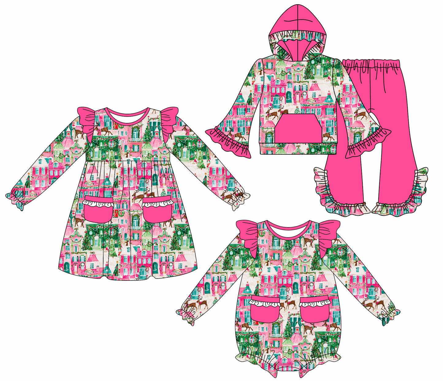 7.22(Custom Design Preorder MOQ 5 Each Design) Small Town Holly Print Girls Christmas Matching Clothes Sisters Wear