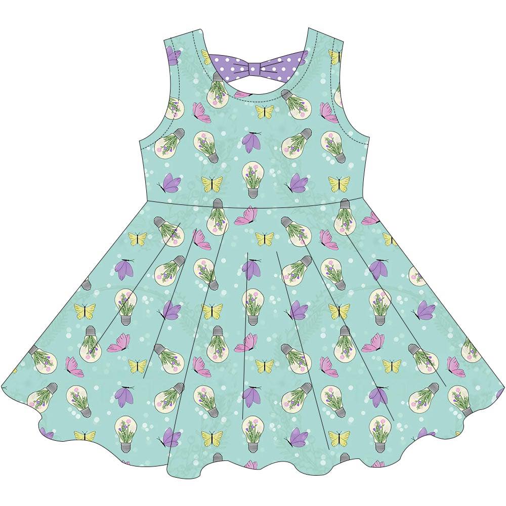 (Custom Design Preorder MOQ 5) Flowers Butterfly Print Girls Summer Knee Length Dress