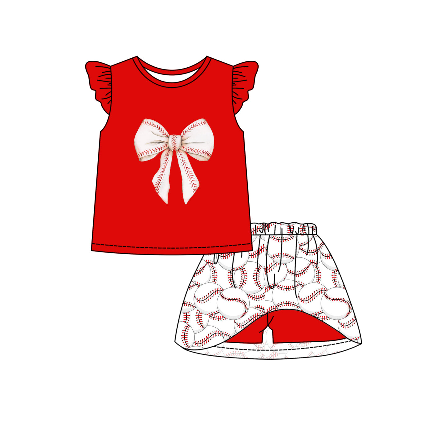 12.10(Custom Design Preorder MOQ 5) Baseball Red Top Skirts Shorts Girls Summer Clothes Set