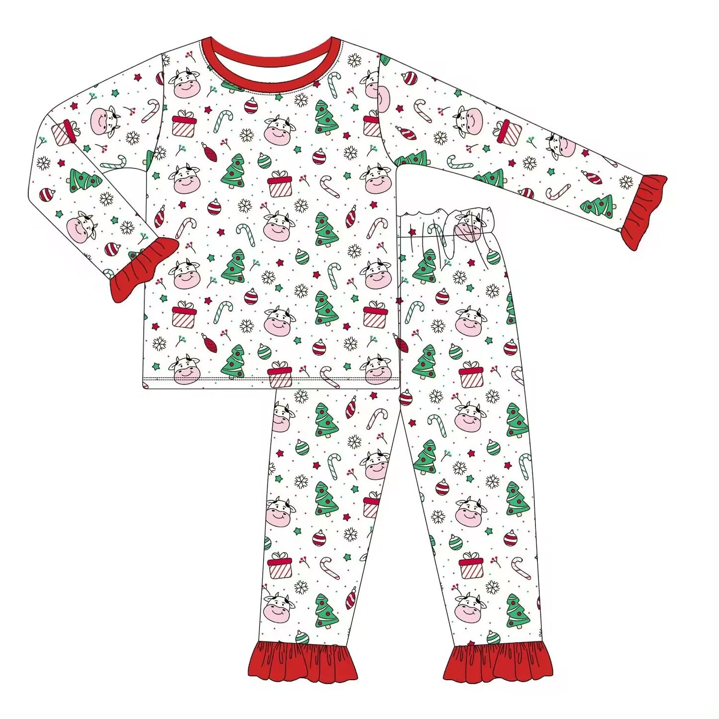 (Custom Design Preorder MOQ 5) Cow Candy Cane Print Girls Christmas Pajamas Clothes Set