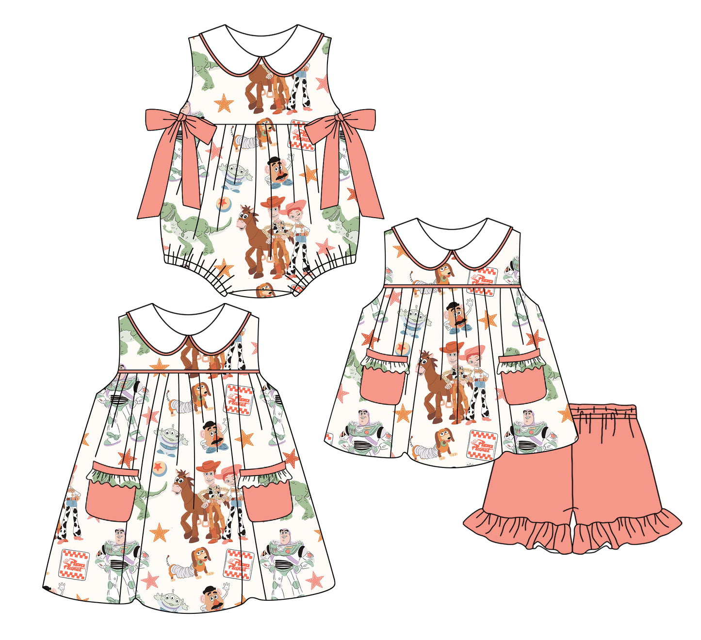 2.24(Custom Design Preorder MOQ 5 Each Design) Cartoon Toys Print Girls Summer Matching Clothes Sisters Wear