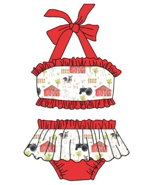 (Custom Design Preorder MOQ 5) Farm Animals Print Girls 2 Piece Swimsuits