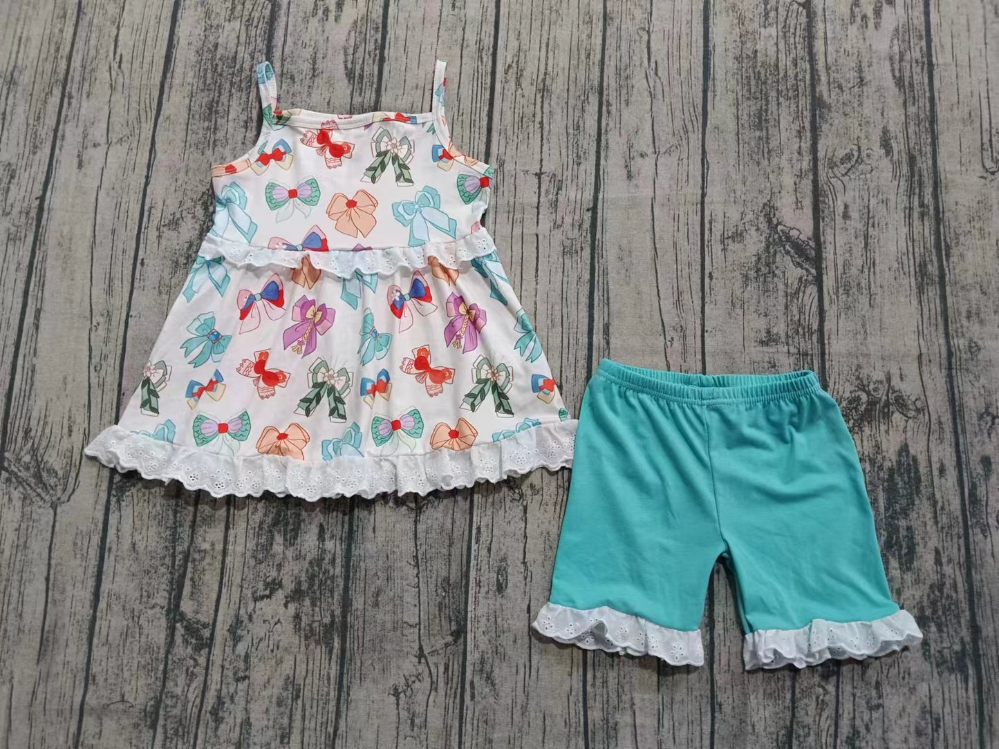 (Custom Design Preorder MOQ 5 ) Cartoon Princess Bows Tunic Top Green Shorts Girls Summer Clothes Set