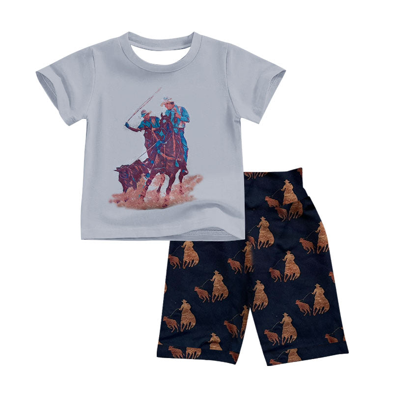 (Custom Design Preorder MOQ 5) Cowboys Print Boys Western Clothes Set