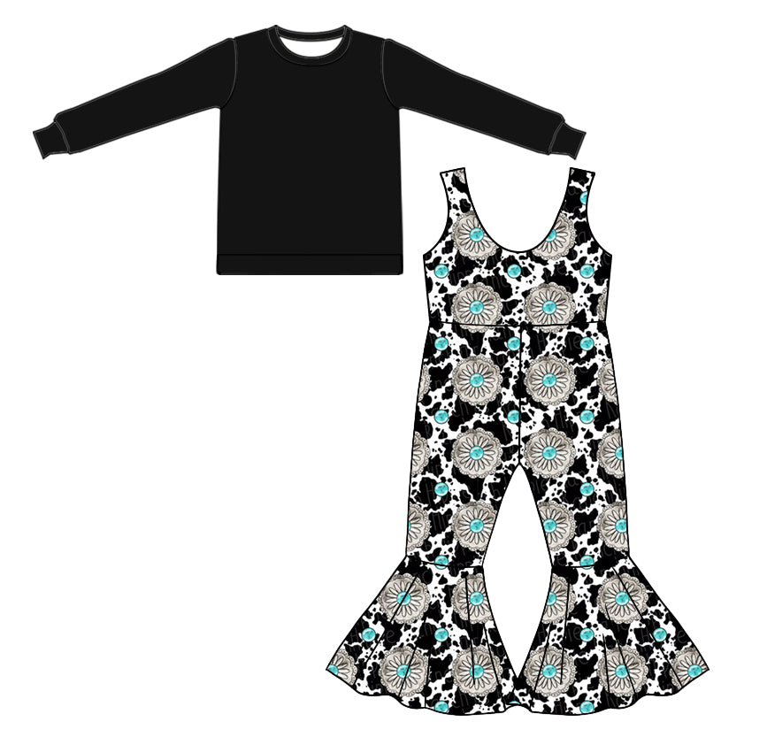 (Custom Design Preorder MOQ 5) Black Top Turquoise Print Jumpsuit Girls Clothes Set