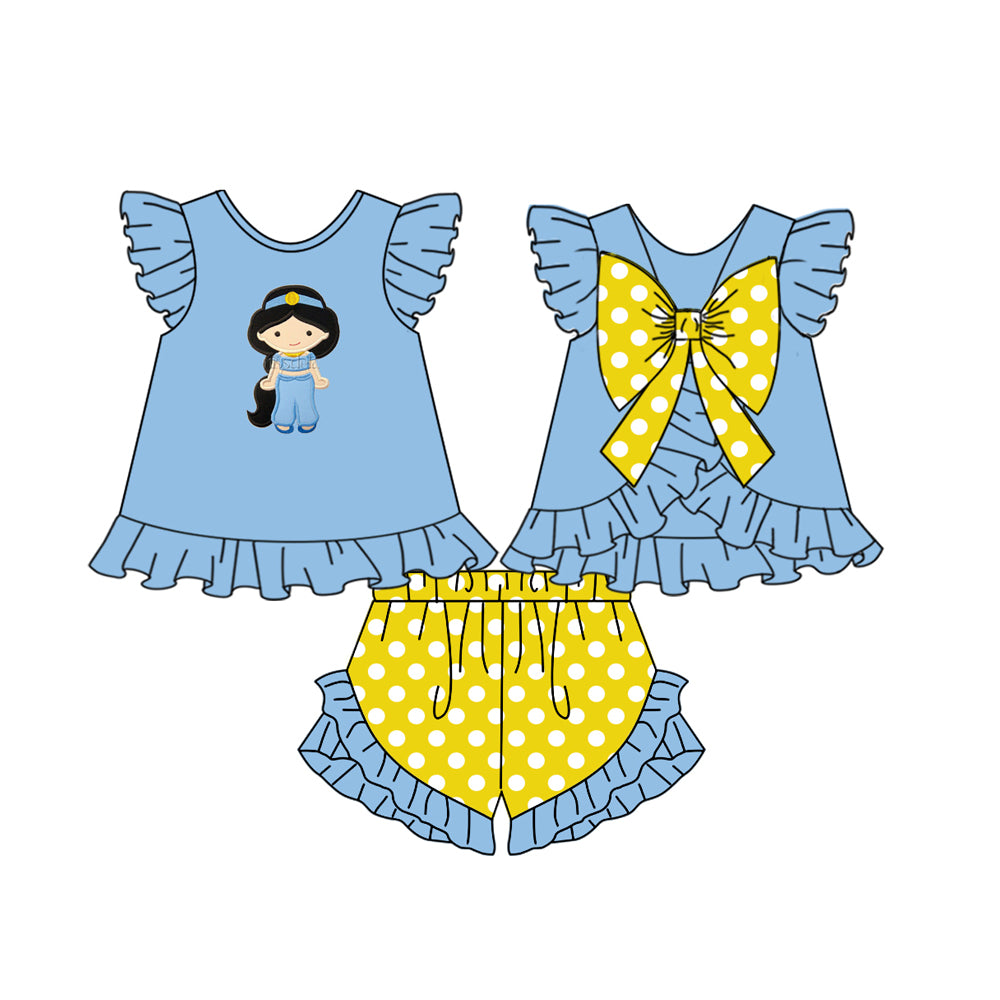 11.16(Custom Design Preorder MOQ 5) Cartoon Princess Blue Yellow Print Girls Summer Clothes Set