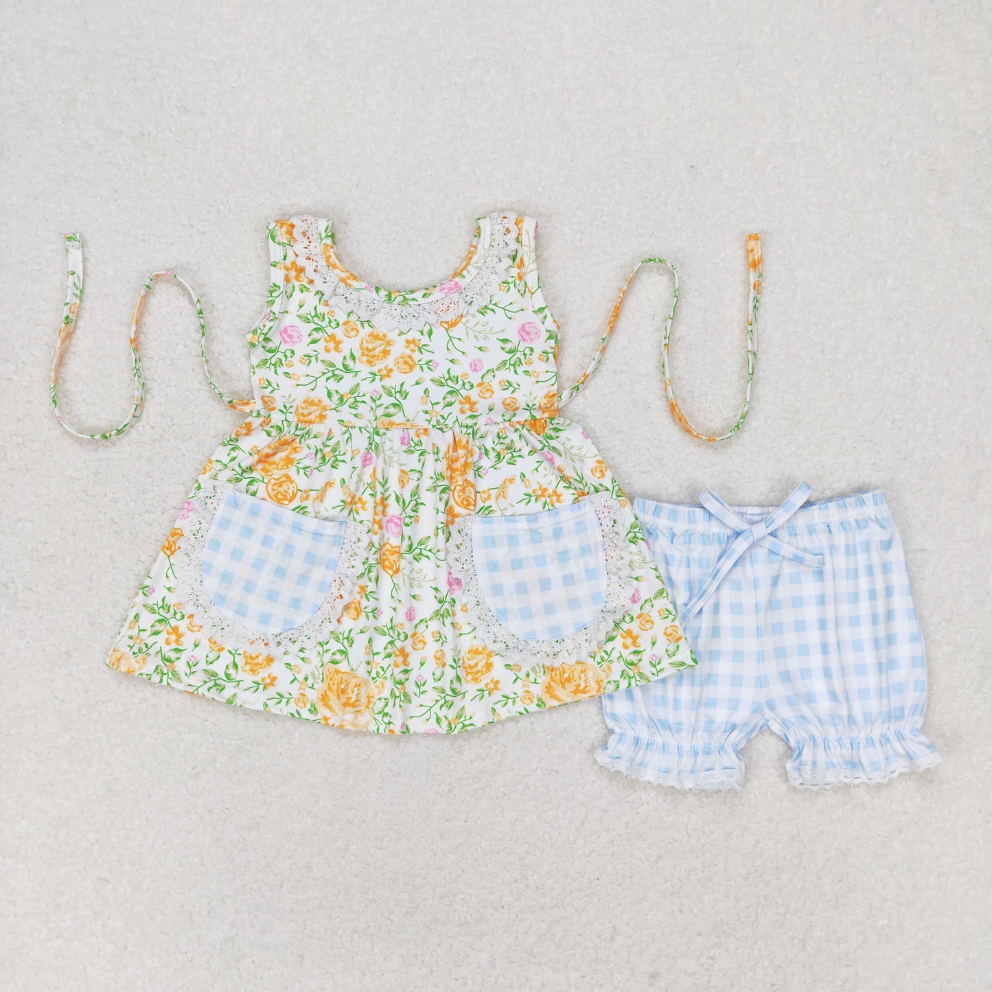 Flowers Print Pockets Girls Summer Clothes Set Sisters Wear