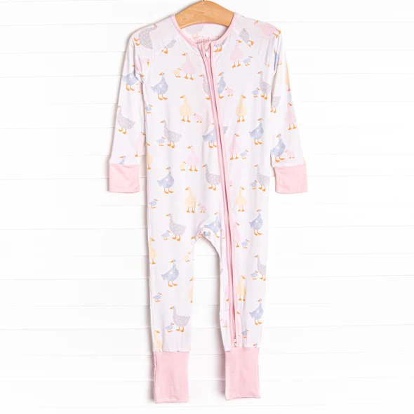 (Custom Design Preorder MOQ 20) Duck Pink Print Baby Girls Fall Bamboo Sleeper Zipper Romper