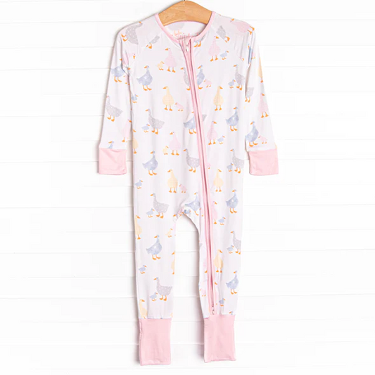 (Custom Design Preorder MOQ 20)  Duck Pink Print Baby Girls Fall Bamboo Sleeper Zipper Romper