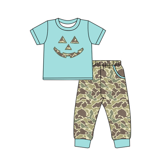 (Custom Design Preorder MOQ 5) Smiling Blue Top Camo Pants Boys Halloween Clothes Set