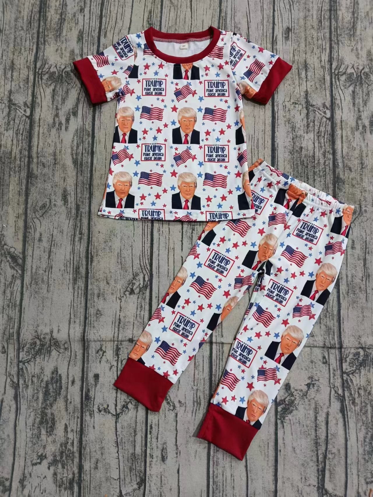 (Custom Design Preorder MOQ 3) Trump Flags Print Kids Short Sleeve Pajamas Clothes Set