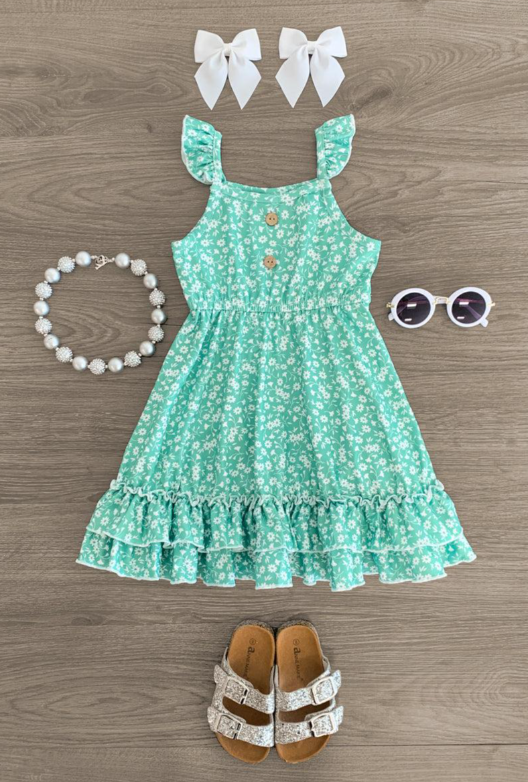 (Custom Design Preorder MOQ 5) Green Flowers Print Girls Knee Length Summer Dress