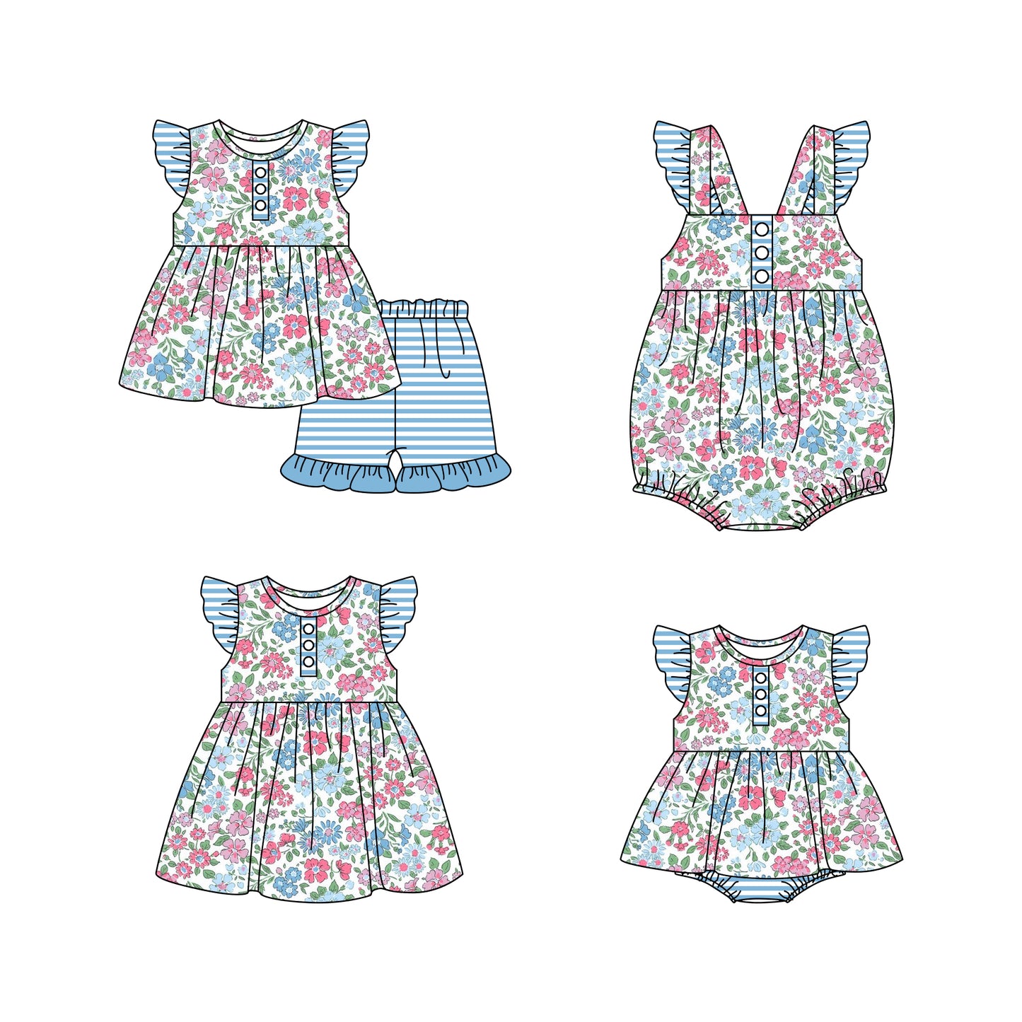 11.16(Custom Design Preorder MOQ 5 Each Design) Blue Flowers Print Girls Summer Matching Clothes Sibling Wear
