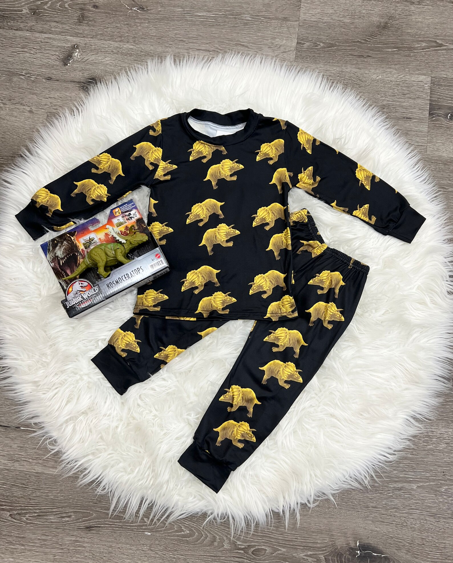 (Custom Design Preorder MOQ 5) Dino Black Print Boys Pajamas Clothes Set