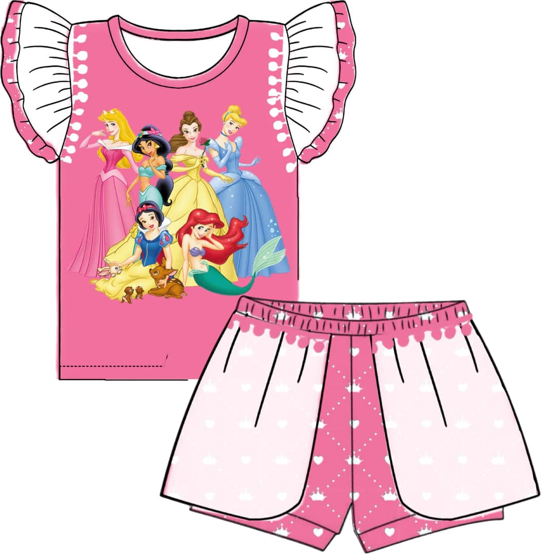 (Custom Design Preorder MOQ 5) Cartoon Princess Print Girls Summer Clothes Set