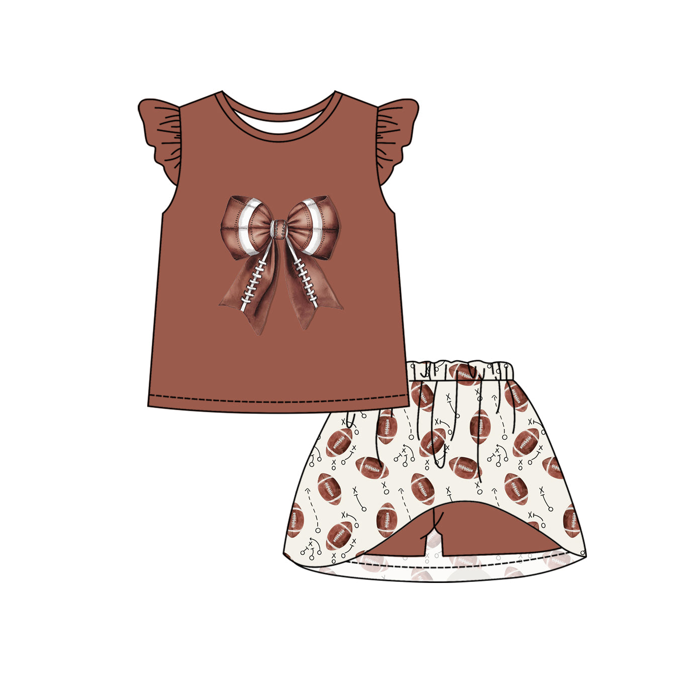12.10(Custom Design Preorder MOQ 5) Football Brown Top Skirts Shorts Girls Summer Clothes Set