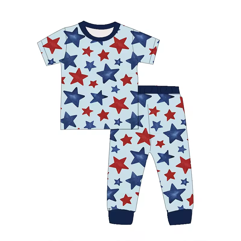 (Custom Design Preorder MOQ 5) Stars Print Boys 4th of July Pajamas Clothes Set