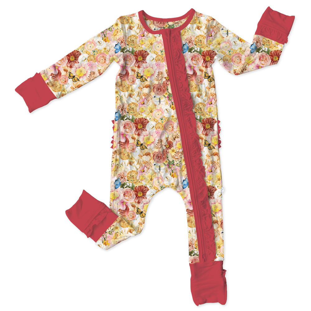 (Custom Design Preorder MOQ 5) Flowers Print Baby Girls Fall Bamboo Sleeper Zipper Romper