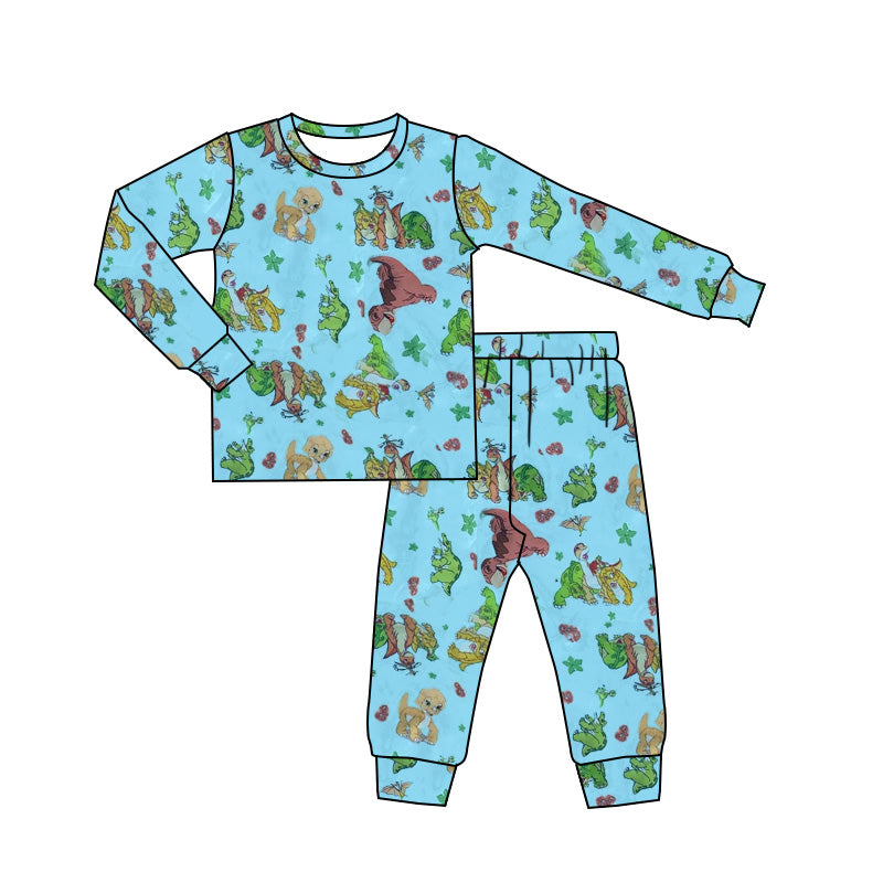 (Custom Design Preorder MOQ 20) Dino Blue Print Boys Fall Bamboo Pajamas Clothes Set