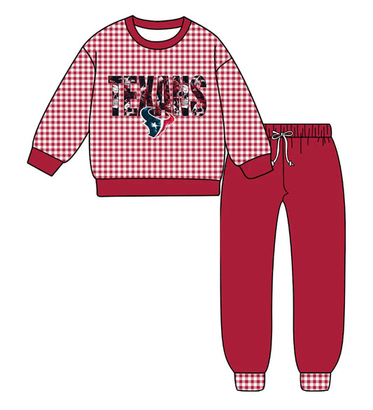 (Custom Design Preorder MOQ 5) Team's TEXANS Plaid Print Red Pants Kids Fall Clothes Set