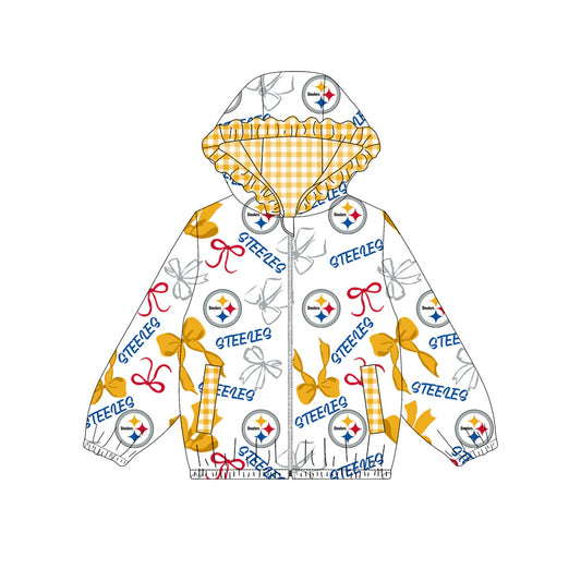 (Custom Design Preorder MOQ 5) Team's Steelers Print Pockets Girls Long Sleeve Zipper Jackets Top
