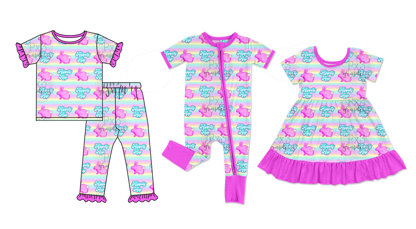 11.28(Custom Design Preorder MOQ 5 Each Design) Bunny Stripes Print Girls Easter Matching Clothes Sisters Wear