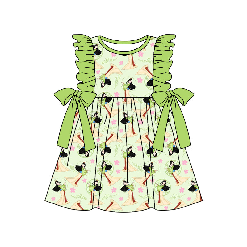 (Custom Design Preorder MOQ 5) Mulan Print Girls Knee Length Summer Dress