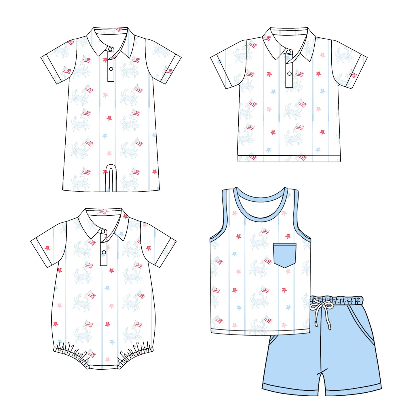 3.11(Custom Design Preorder MOQ 5 Each Design) Flag Stars Crab Print Boys 4th of July Matching Clothes Brothers Wear