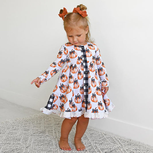 (Custom Design Preorder MOQ 5 ) Pumpkin Bows Print Girls Fall Knee Length Dress