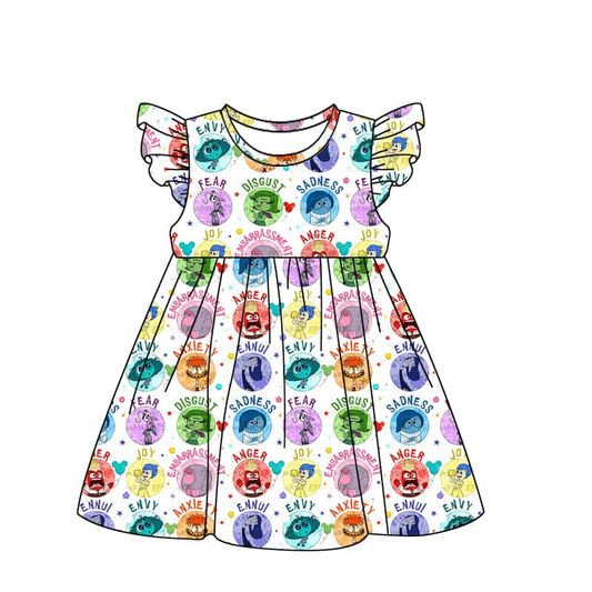 (Custom Design Preorder MOQ 5) Cartoon Characters Inside Out Print Girls Summer Knee Length Dress