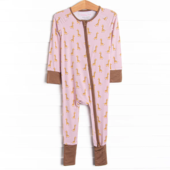 (Custom Design Preorder MOQ 5) Giraffe Pink Print Baby Girls Zipper Sleeper Romper