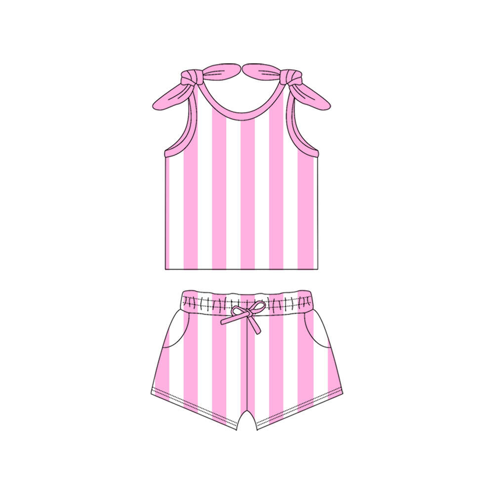 (Custom Design Preorder MOQ 5) Pink Stripes Print Pockets Shorts Girls Summer Clothes Set