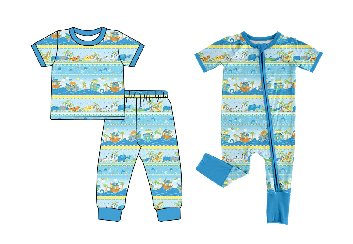 12.1(Custom Design Preorder MOQ 5 Each Design) Animals Boat Print Kids Pajamas Matching Clothes Brothers Wear