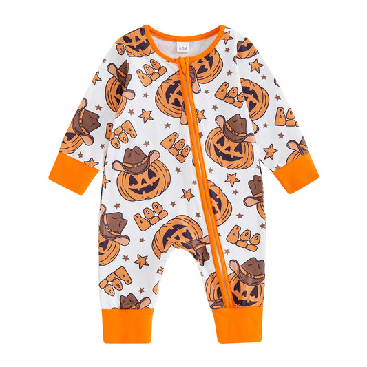 (Custom Design Preorder MOQ 20)  Pumpkin BOO Print Baby Bamboo Fall Sleeper Zipper Romper